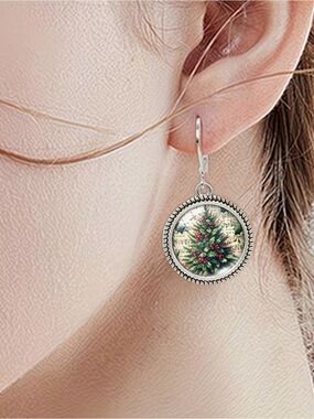 Silver Tone Christmas Tree Round Leverback Dangle Earrings 2cm 3.8cm